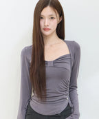 [illigo] BOW BOLERO SHIRRING TOP_CHARCOAL