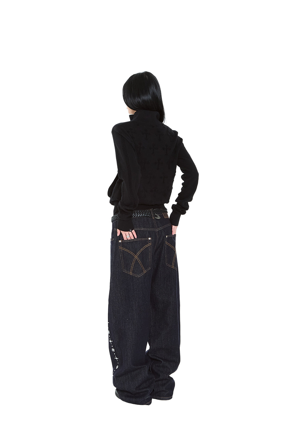 AAKAM Side Rhinestone Denim Pants (Dark Blue)