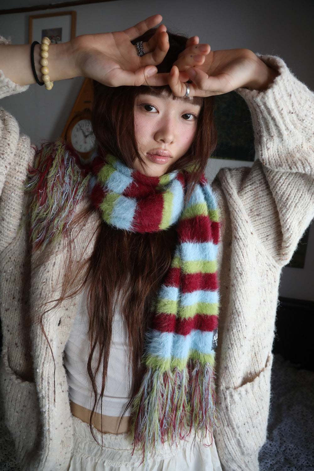 IUGA Striped Hairy Bold Muffler (Burgundy)