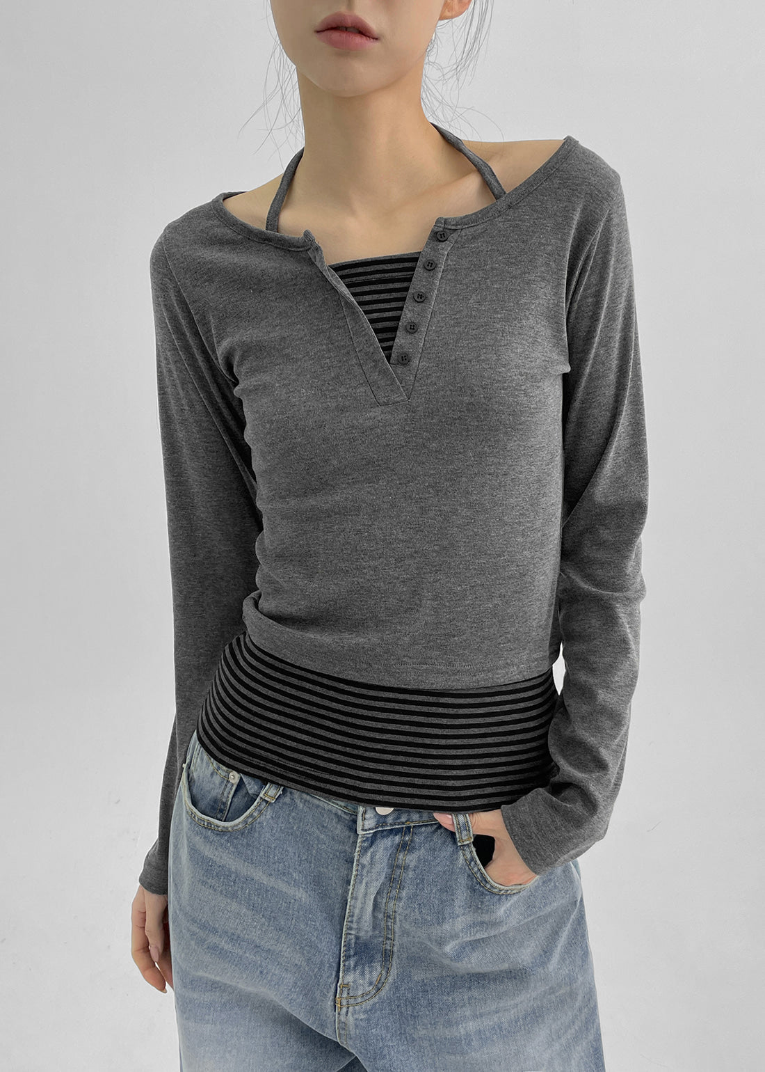 [kr] Vining Layered Stripe Halter Henley Long Sleeve Tee / 2colors