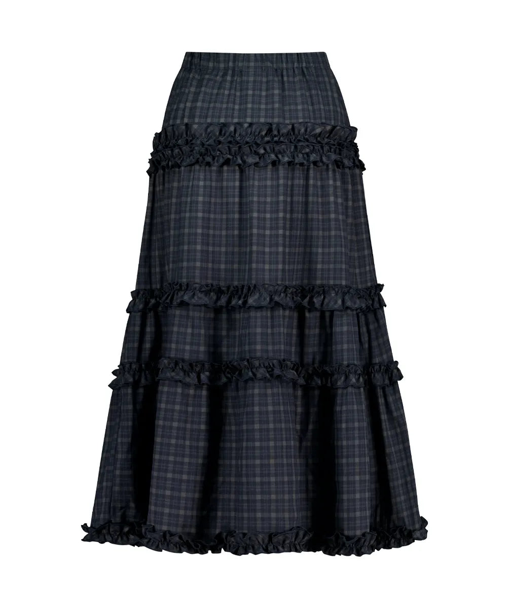 ILLIGO BUCKLE FRILL LONG SKIRT - CHECK NAVY