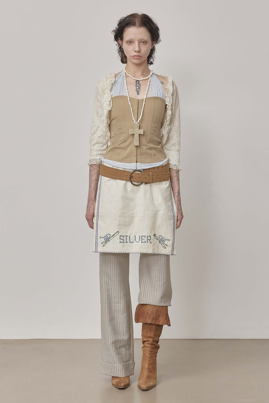 Farm Corset Halter Top Beige/Sky Blue