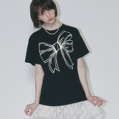 RONRON BIG RIBBON LINE T SHIRT - BLACK CREAM