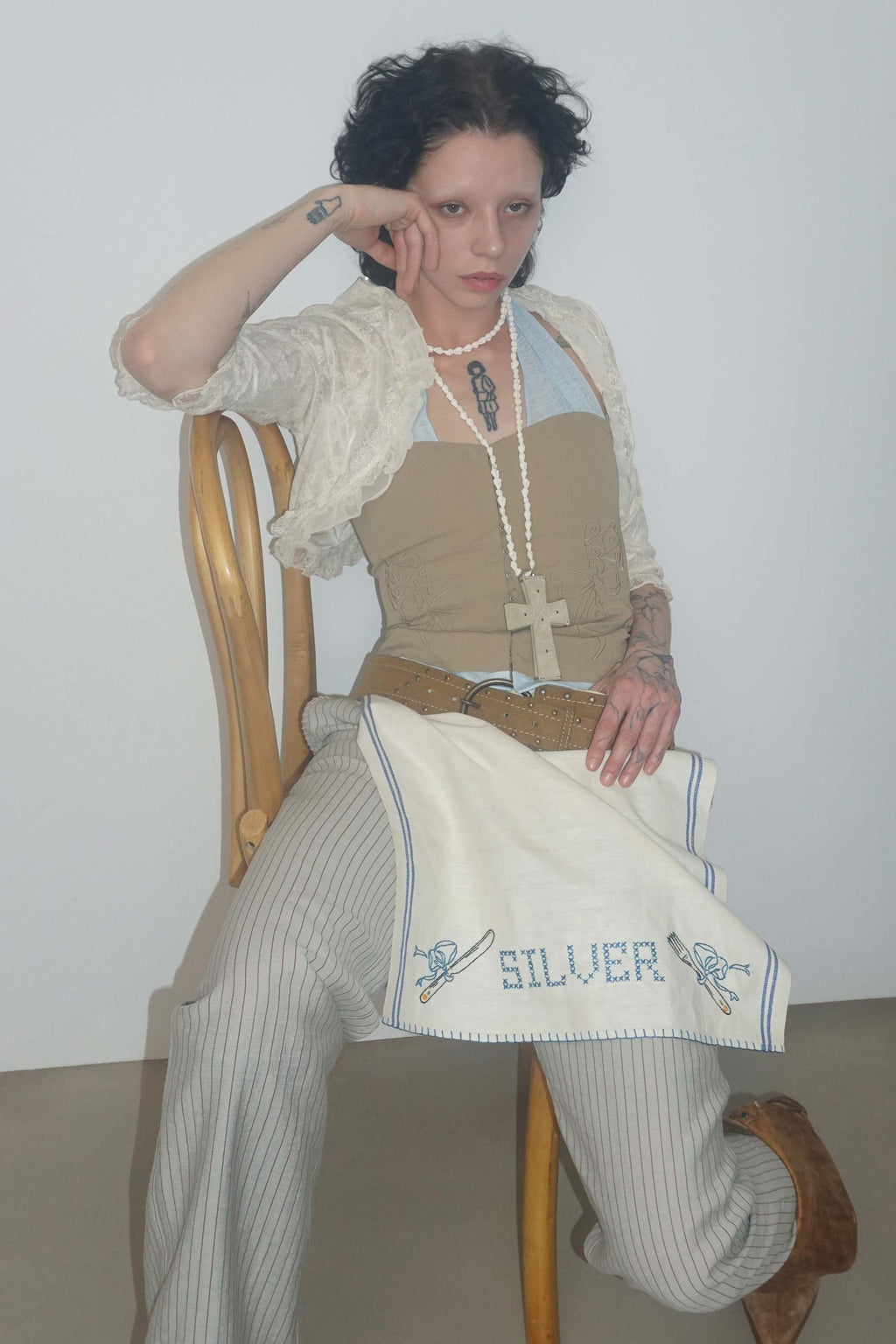 Farm Corset Halter Top Beige/Sky Blue