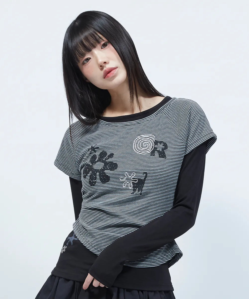 LMR Motif Embroidered Striped Fabric Layered Long-sleeved T-shirt (black)