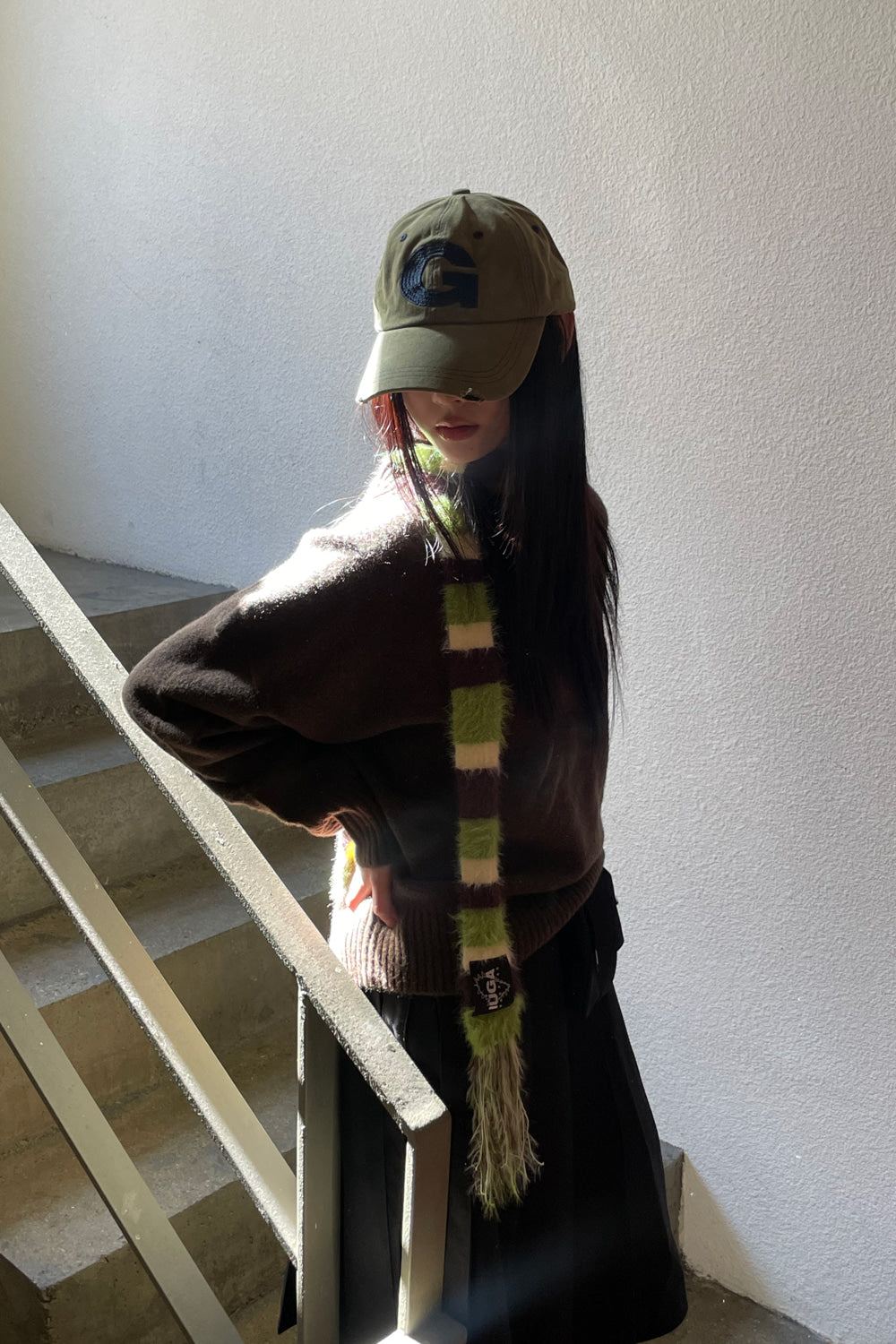 IUGA Striped Hairy Skinny Muffler (Green)