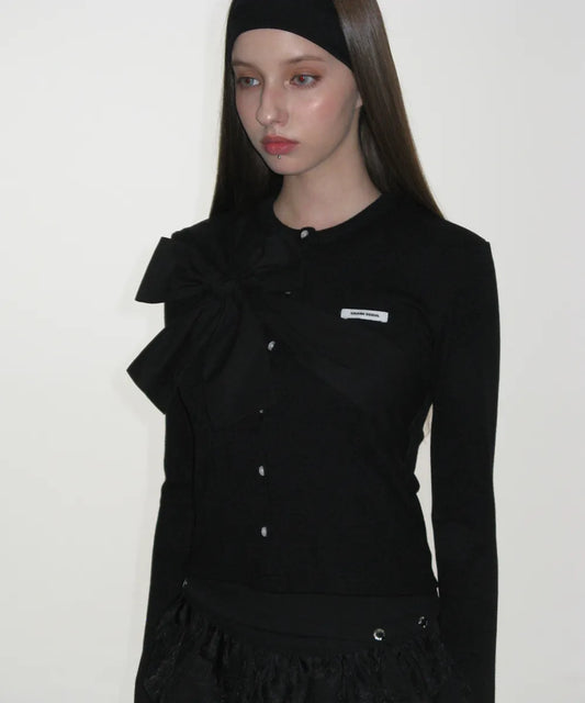 Ribbon Tie Knit Cardigan - Black