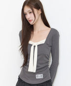 [illigo] LAYERED RIBBON TIE LONG SLEEVE_CHARCOAL