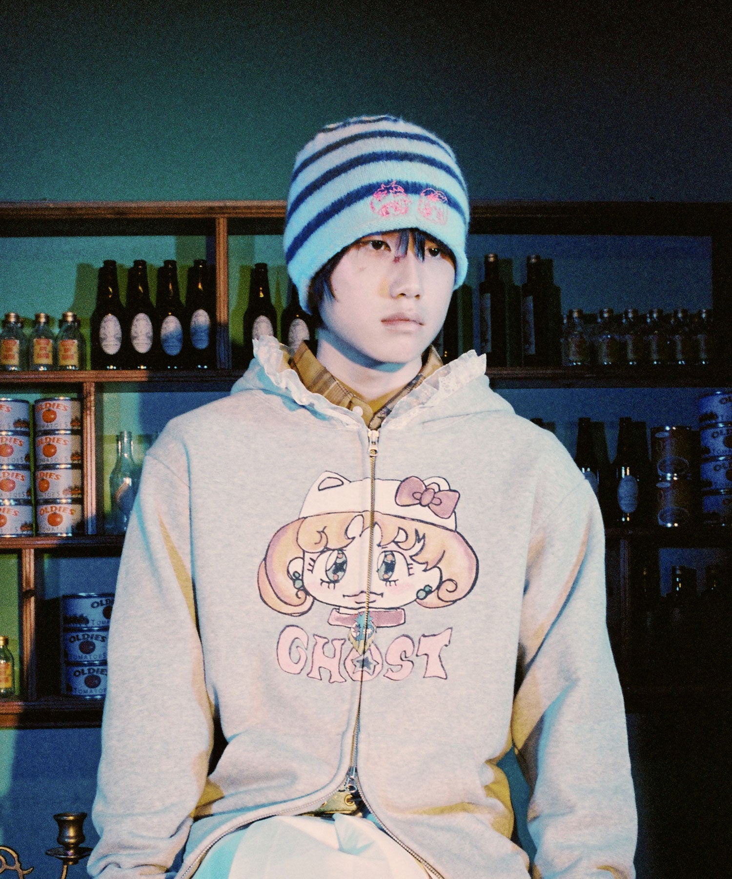 niceghostclub [X SOULPUSSSY CAT]GHOSTSOULGIRL STRIPE BEANIE [BLUE]