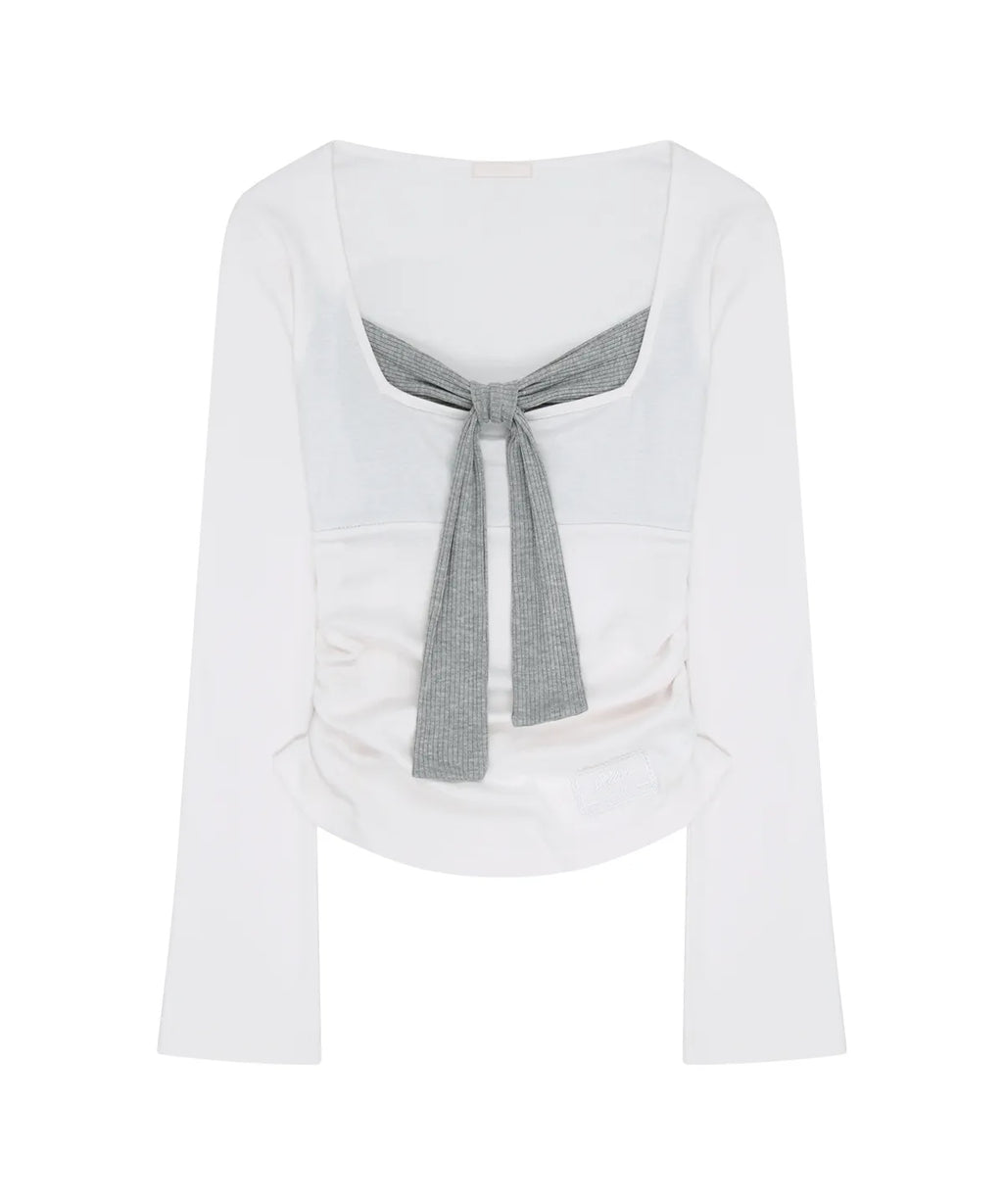 [illigo] LAYERED RIBBON TIE LONG SLEEVE_WHITE