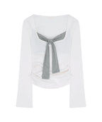 [illigo] LAYERED RIBBON TIE LONG SLEEVE_WHITE