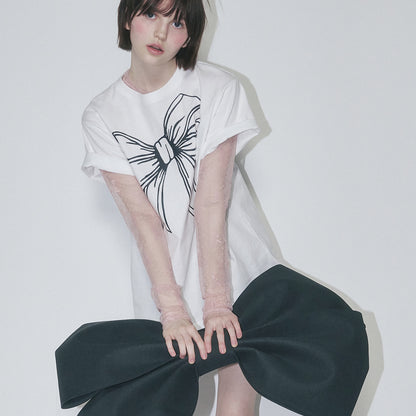 RONRON BIG RIBBON LINE T SHIRT - WHITE BLACK