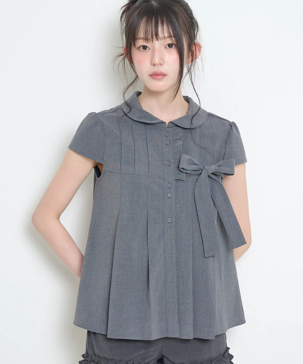 [illigo] RIBBON PLEATED SHORT SLEEVE BLOUSE_GREY