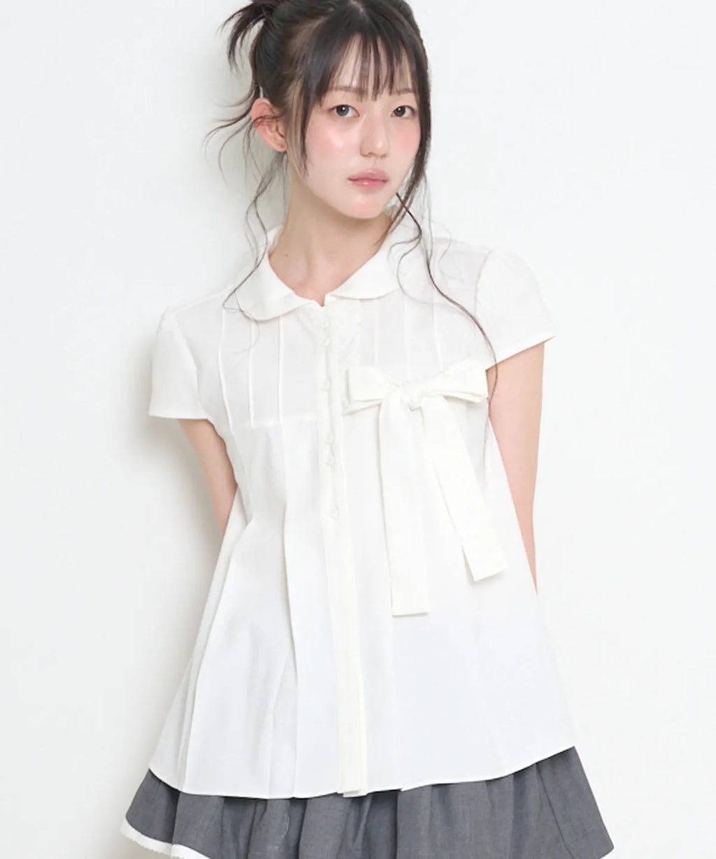 [illigo] RIBBON PLEATED SHORT SLEEVE BLOUSE_WHITE