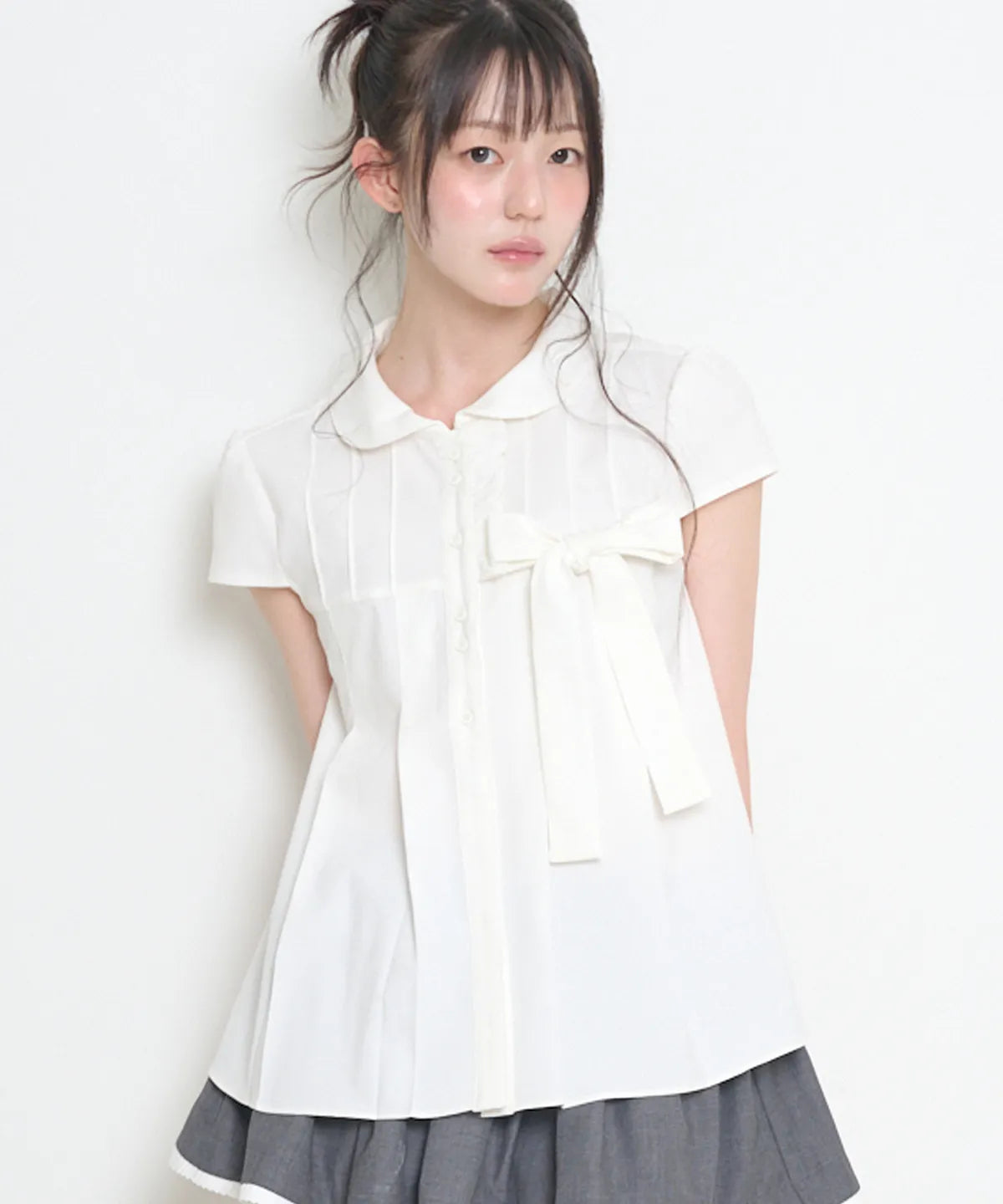 [illigo] RIBBON PLEATED SHORT SLEEVE BLOUSE_WHITE