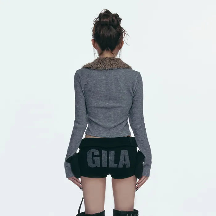 GILA ARCHIVE FUR COLLAR GRAPHIC KNIT ZIP-UP_GREY