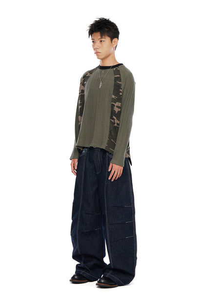 AAKAM Knee Pin-Tuck Paisley Denim Pants (Blue)