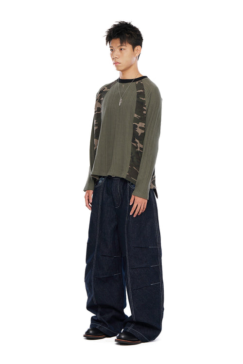 AAKAM Knee Pin-Tuck Paisley Denim Pants (Blue)