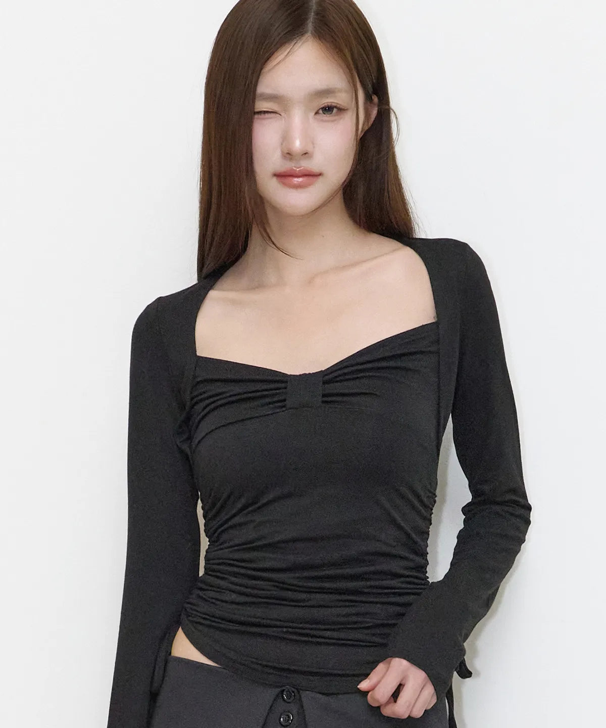 [illigo] BOW BOLERO SHIRRING TOP_BLACK