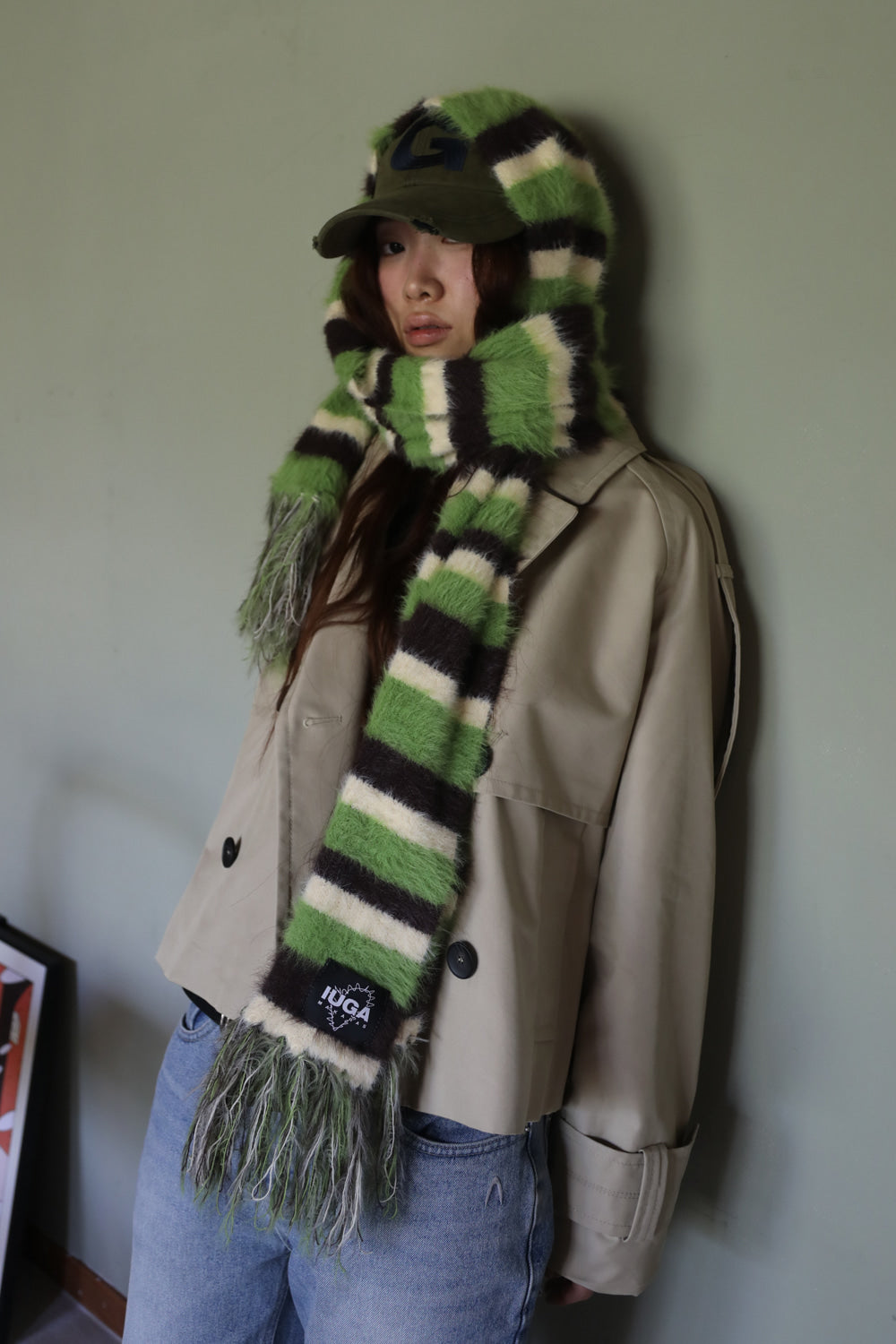 IUGA Striped Hairy Bold Muffler (Green)