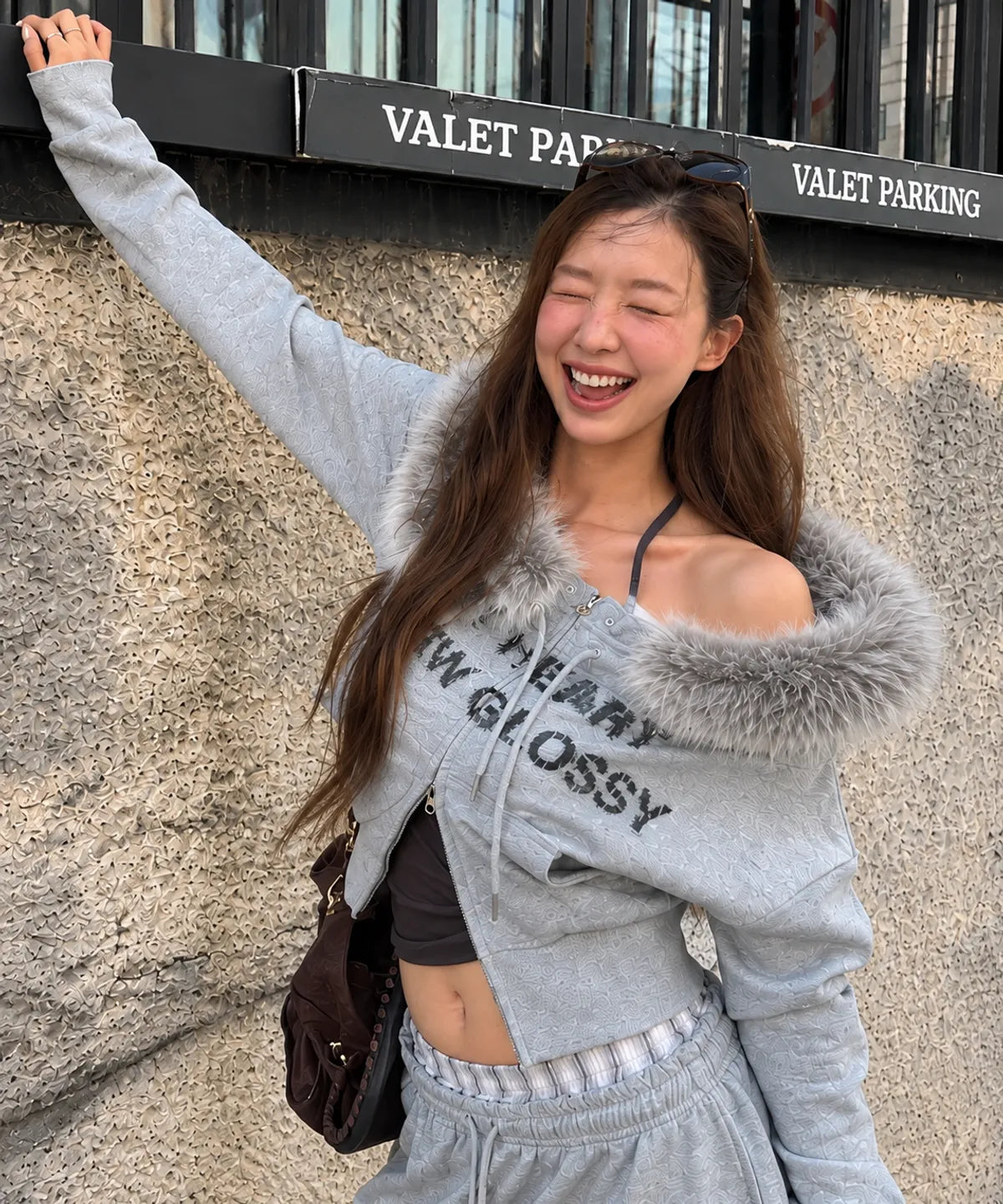 [youhee] Fur Glossy Off-Shoulder Zip-up - 2 Colors