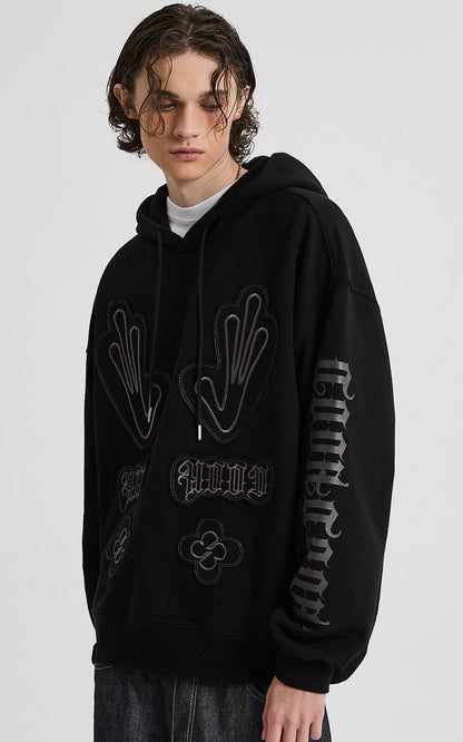 HOODHOOD Multi Logo Applique Hoodie / black