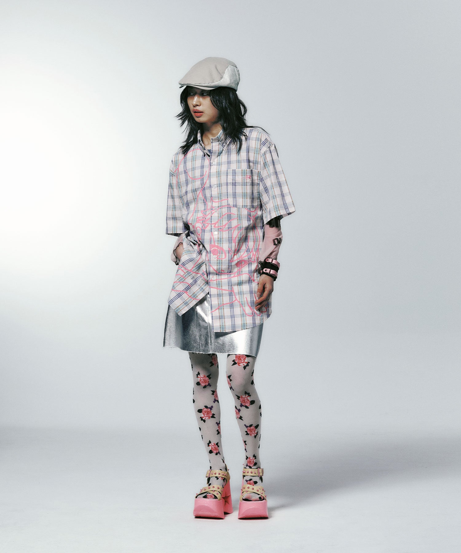 niceghostclub angel check big big half shirt [pink]