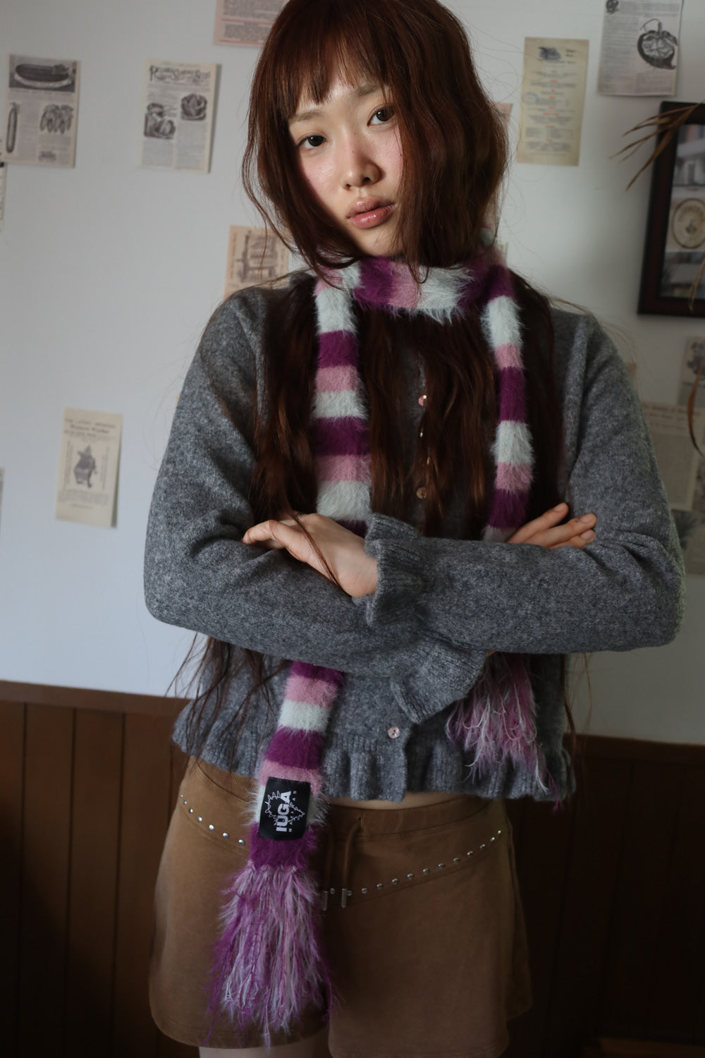 IUGA Striped Hairy Skinny Muffler (Magenta)
