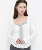 [illigo] LAYERED RIBBON TIE LONG SLEEVE_WHITE