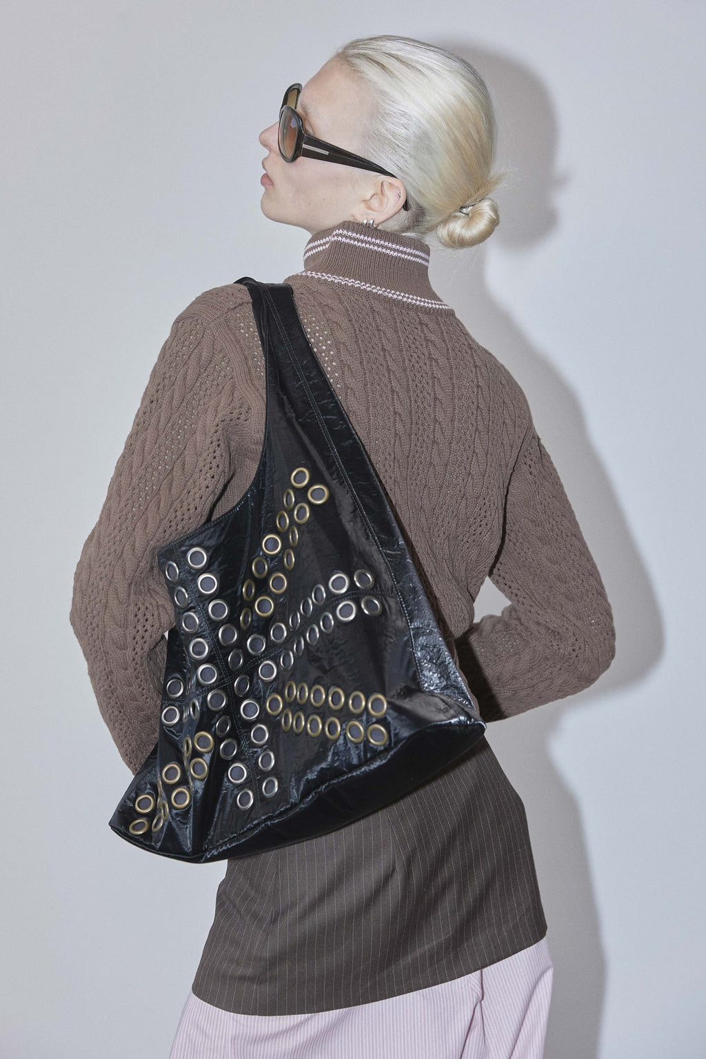 Sculptor Stud Metallic Hobo Bag Black