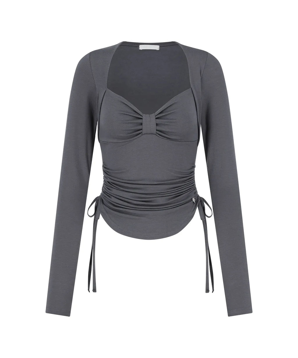 [illigo] BOW BOLERO SHIRRING TOP_CHARCOAL