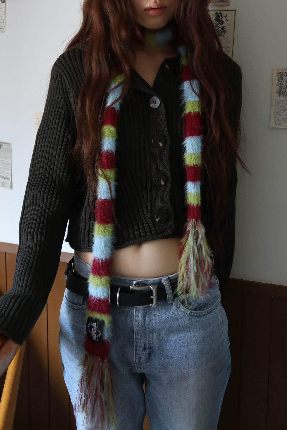 IUGA Striped Hairy Skinny Muffler (Burgundy)