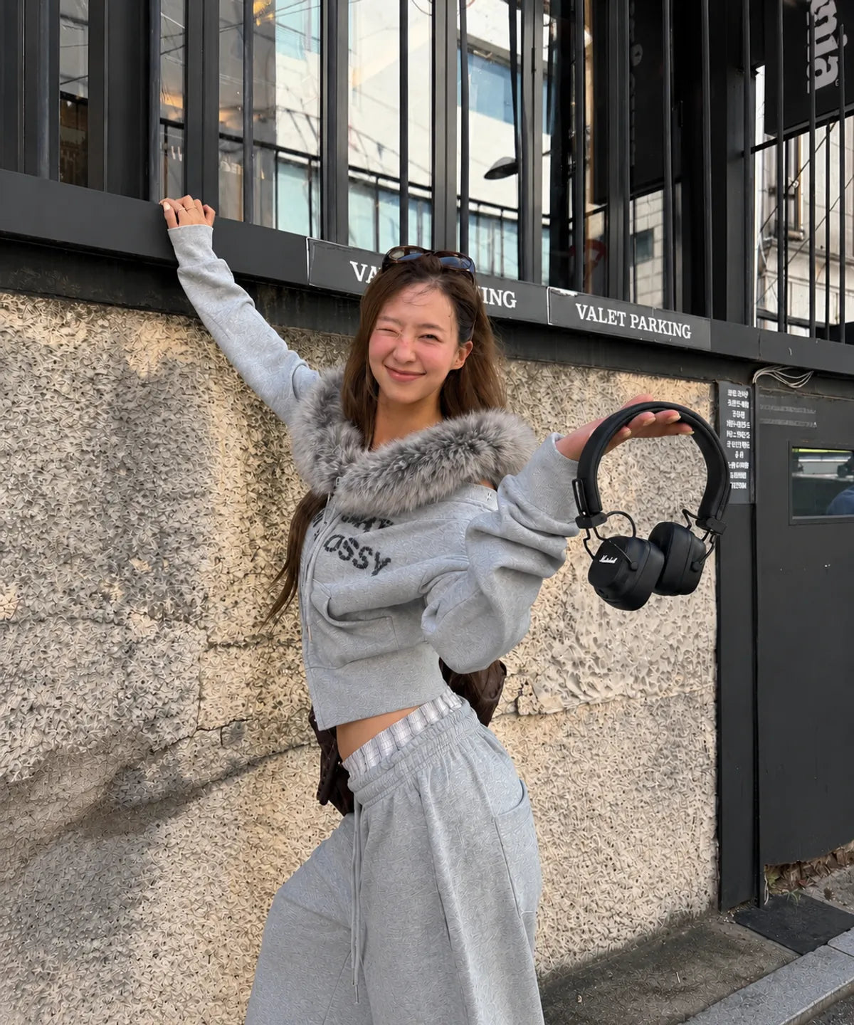 [youhee] Fur Glossy Off-Shoulder Zip-up - 2 Colors
