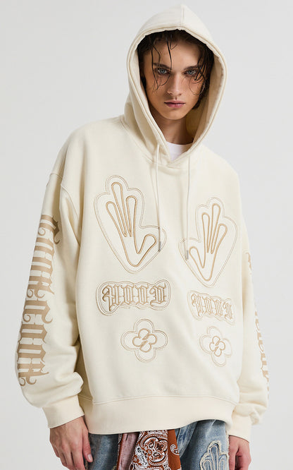 HOODHOOD Multi Logo Applique Hoodie / ivory