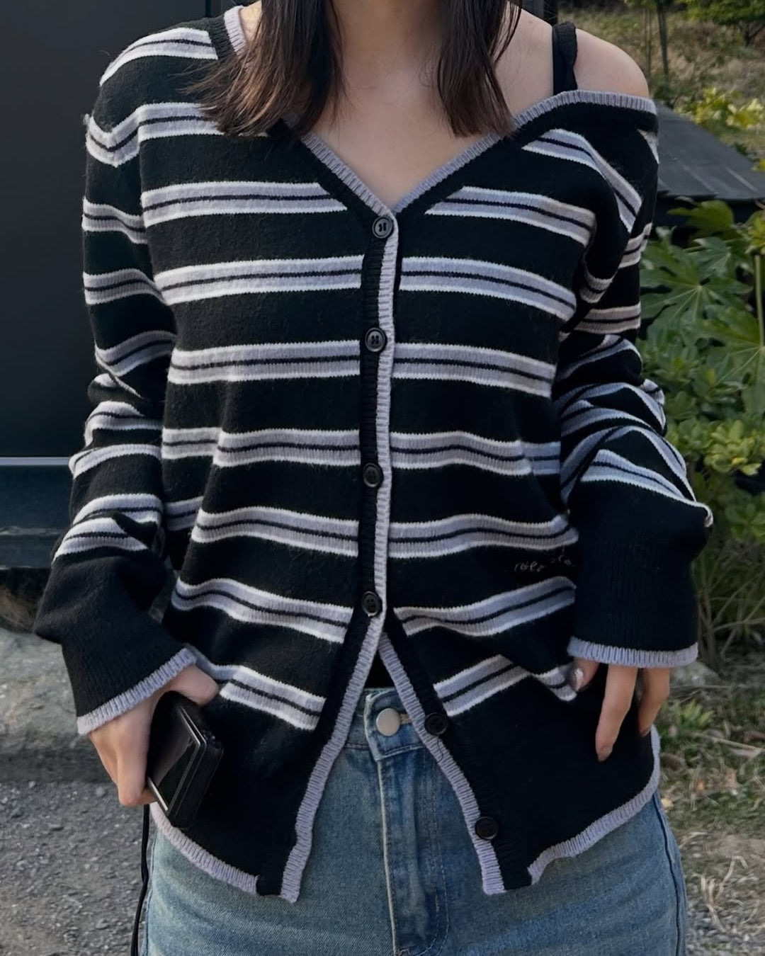 [rolarola] ONE OFF SHOULDER STRIPE WOOL BLENDED CARDIGAN - 4 COLORS