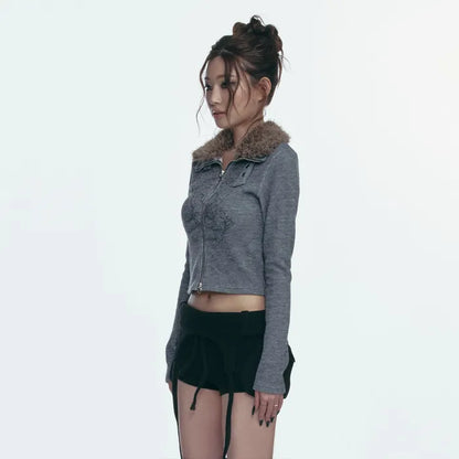 GILA ARCHIVE FUR COLLAR GRAPHIC KNIT ZIP-UP_GREY