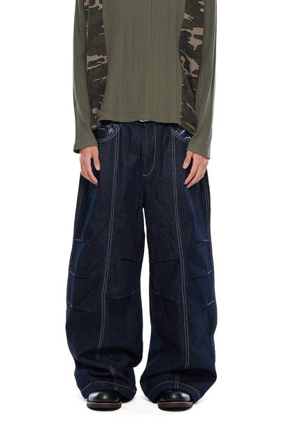 AAKAM Knee Pin-Tuck Paisley Denim Pants (Blue)