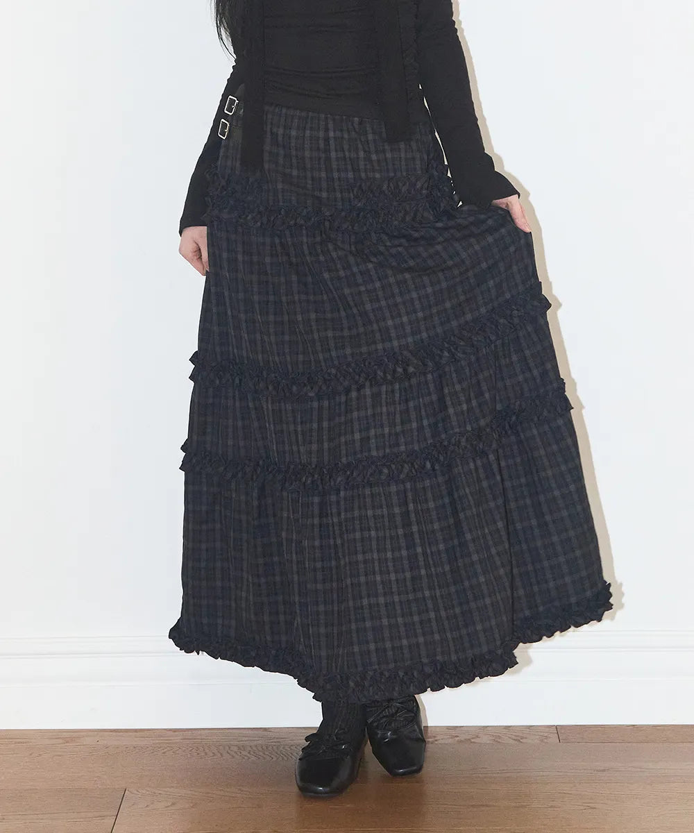 ILLIGO BUCKLE FRILL LONG SKIRT - CHECK NAVY