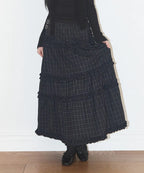 ILLIGO BUCKLE FRILL LONG SKIRT - CHECK NAVY