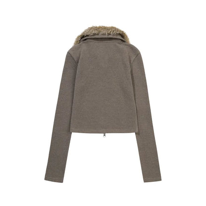 GILA ARCHIVE FUR COLLAR GRAPHIC KNIT ZIP-UP_BROWN