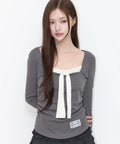 [illigo] LAYERED RIBBON TIE LONG SLEEVE_CHARCOAL