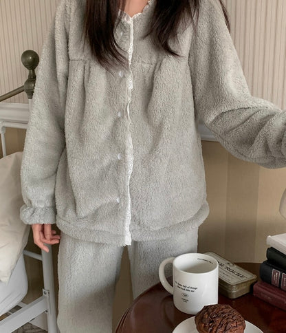 [韓國售出10,000+⭐️] J'eu Fluffy Lace Fleece Pajama Set 5colors