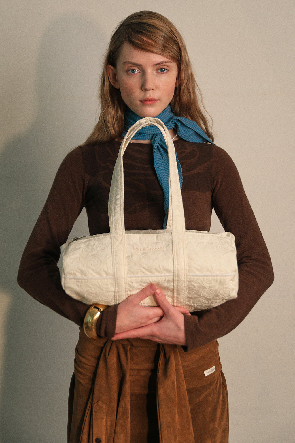 NANACREW MINI DUFFLE BAG - ROSE JACQUARD IVORY SATIN