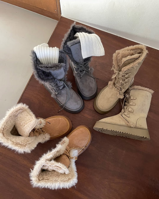 Caman Suede Folding Middle Fur Boots - 3colors