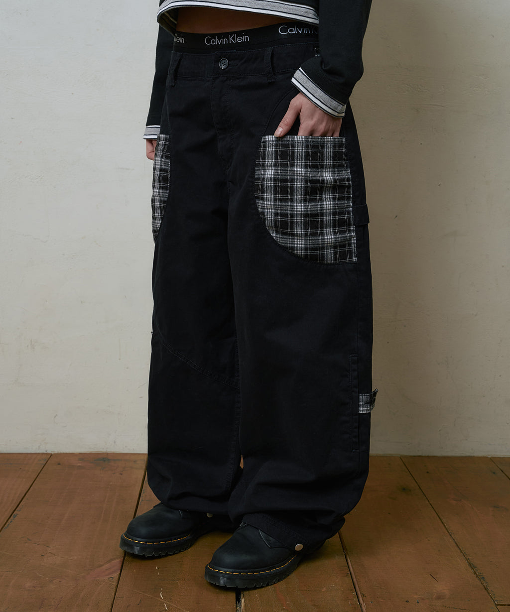 LSC CHECK PATCH WIDE COTTON PANT (BLACK)