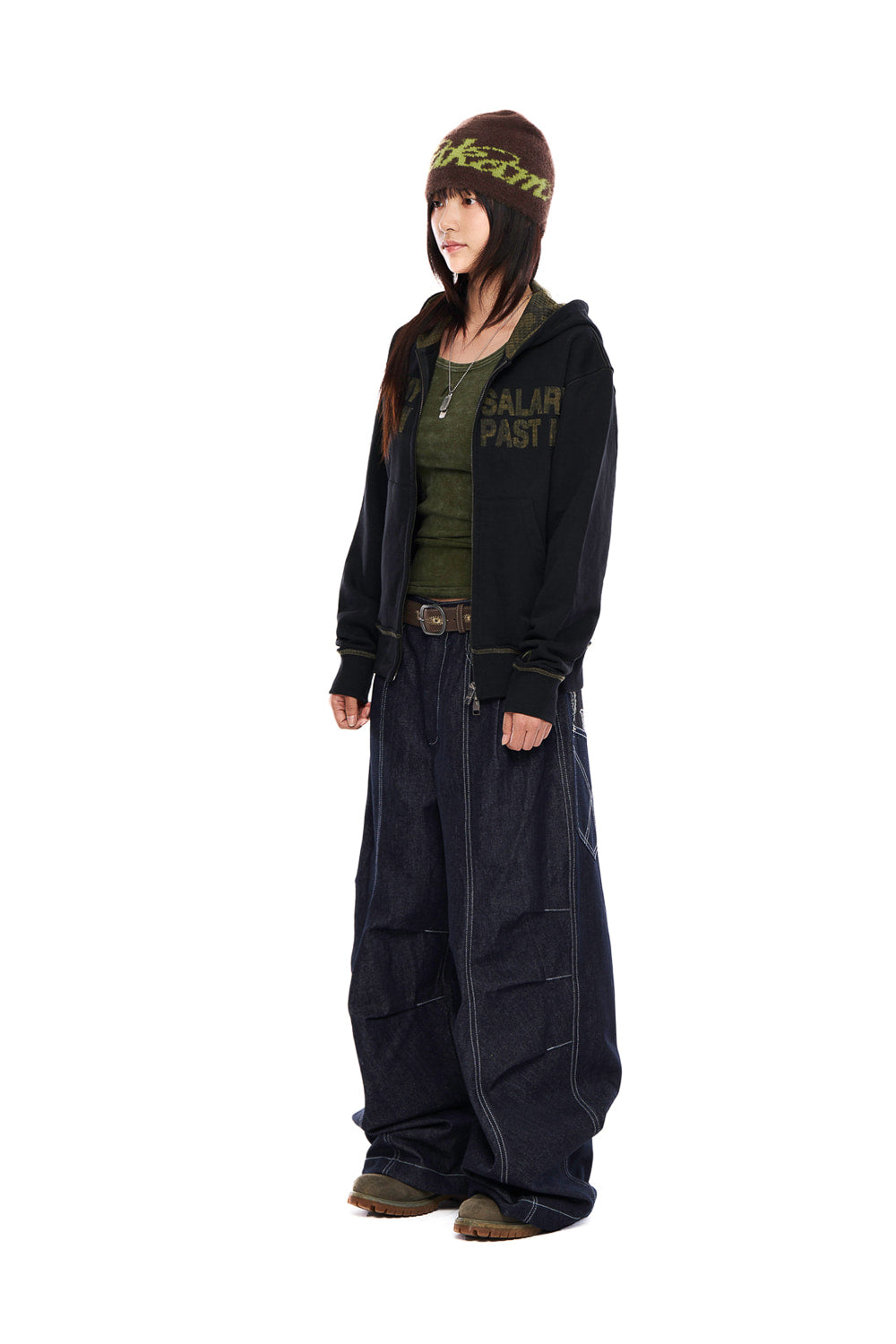 AAKAM Knee Pin-Tuck Paisley Denim Pants (Black)