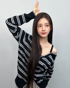 [rolarola] ONE OFF SHOULDER STRIPE WOOL BLENDED CARDIGAN - 4 COLORS