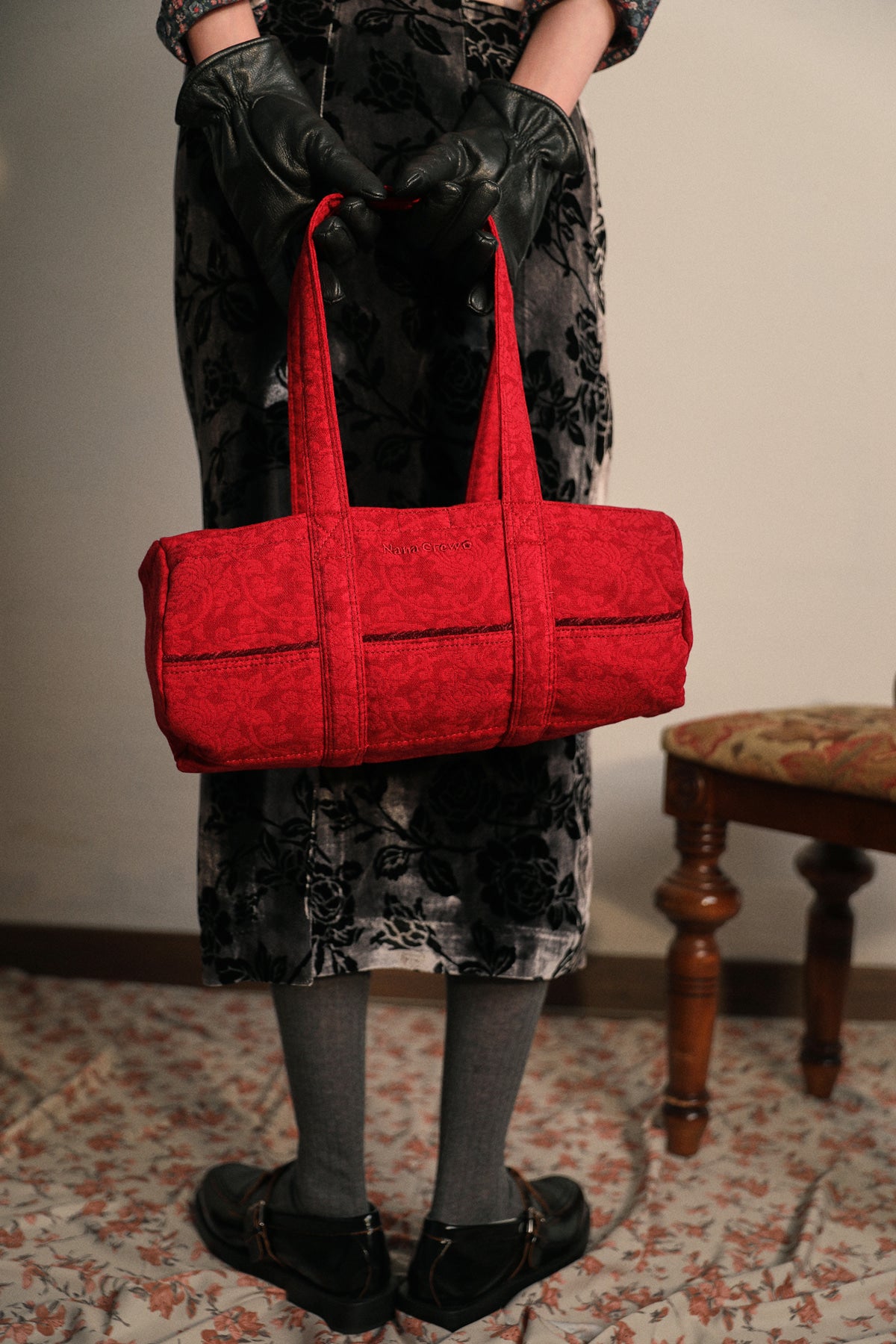 NANACREW MINI DUFFLE BAG - FLORAL JACQUARD ROSE RED