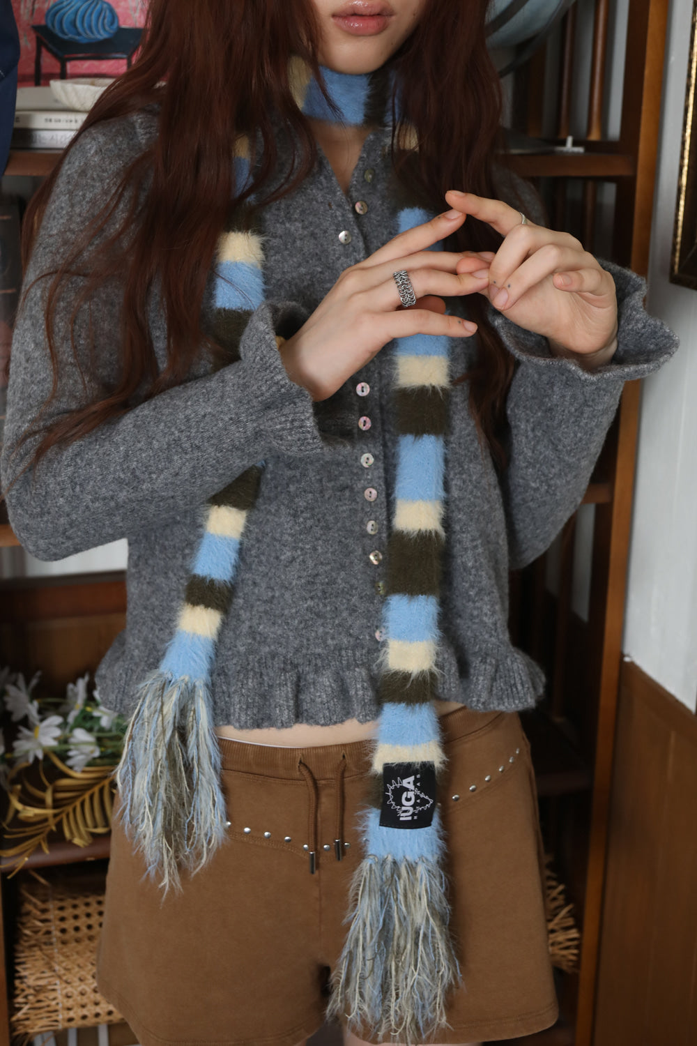 IUGA Striped Hairy Skinny Muffler (Sky Blue)