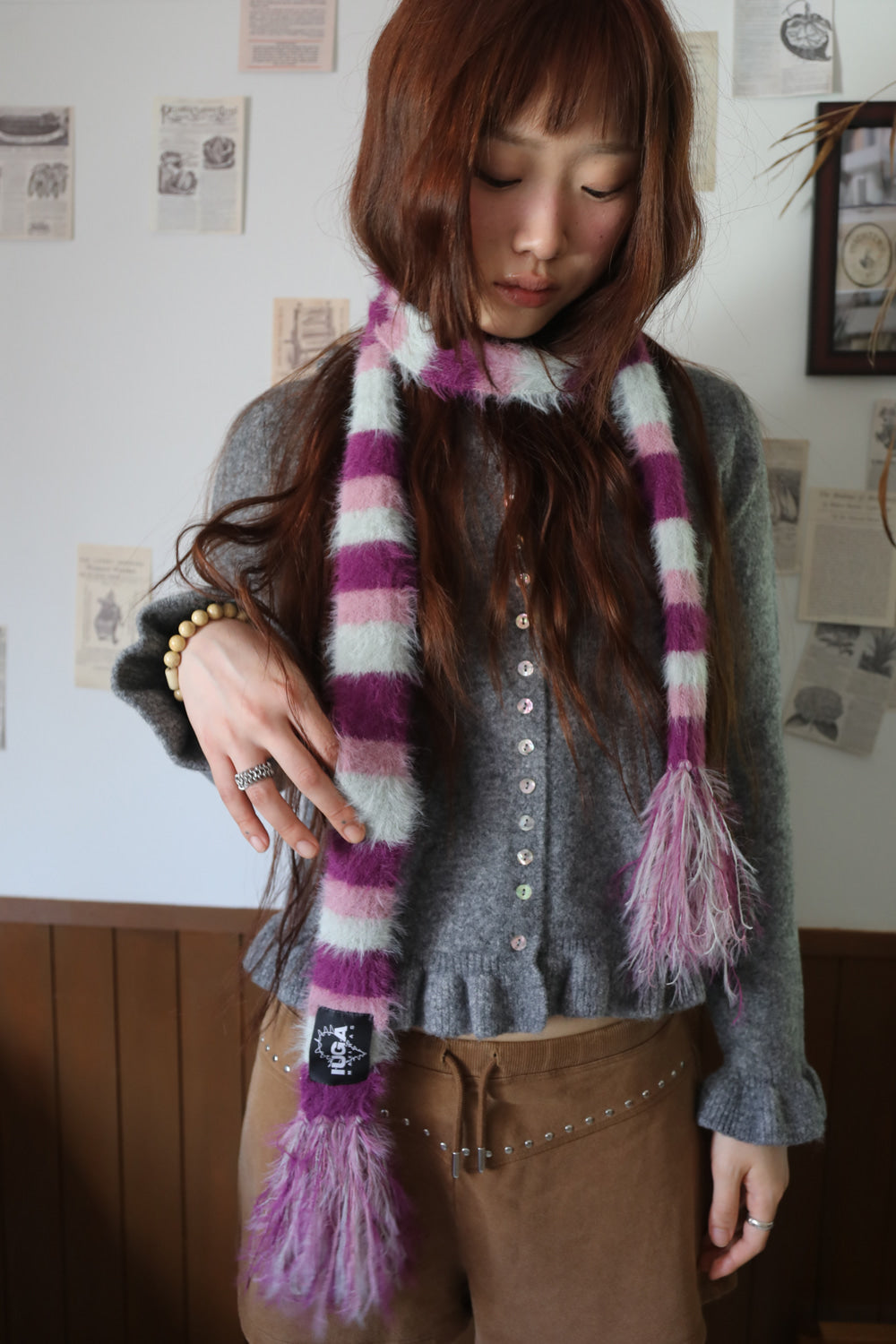IUGA Striped Hairy Skinny Muffler (Magenta)